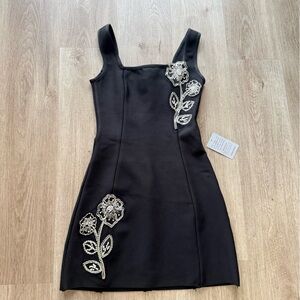 elliatt soleil black 3d flower sequin bead embellished knit mini LBD dress XS